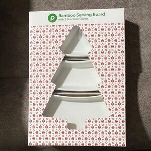 Bamboo Serving Board with Porcelain Dishes